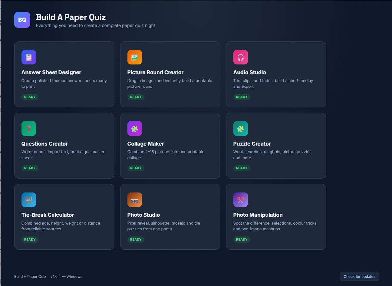 Real Build A Paper Quiz dashboard showing nine creative tools